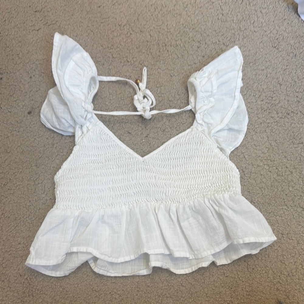 SHEIN White Flutter Sleeve Smocked Blouse